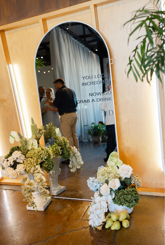 Selfie mirror with custom signage included